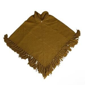 NWOT Vintage Mustard Yellow Knit Poncho Fringe & Diamond Pattern Design One-Size